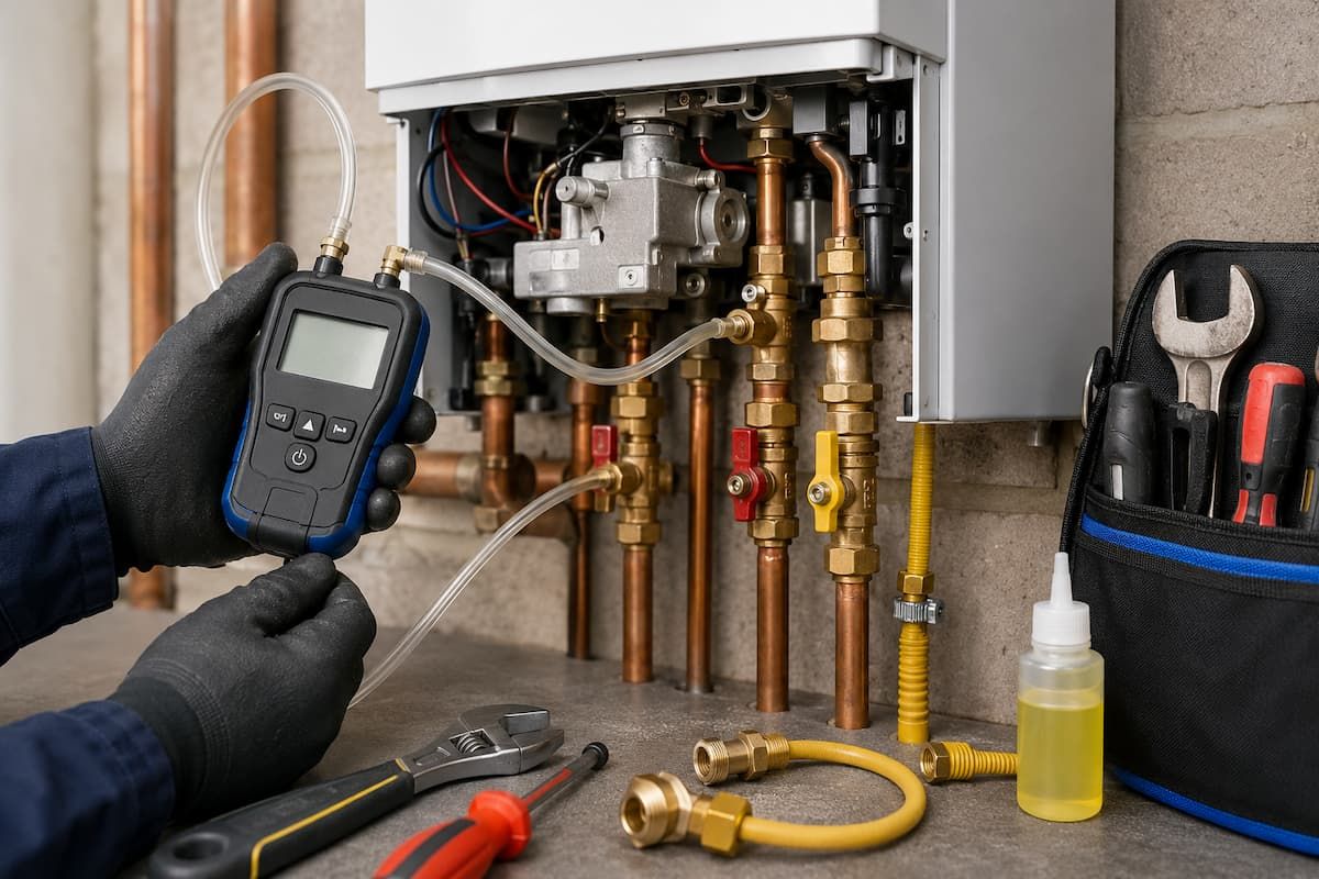Digital pressure gauge connected to a boiler gas valve