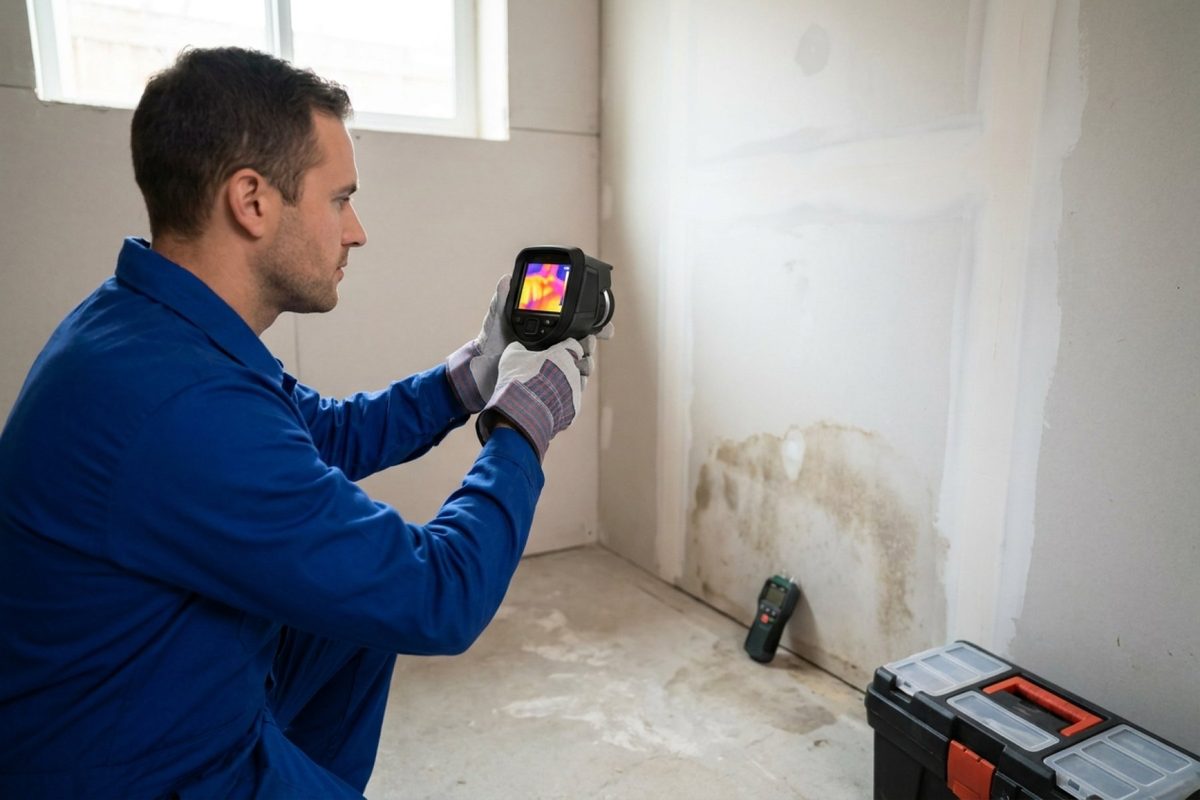 Engineer using a thermal imaging camera on a damp wall