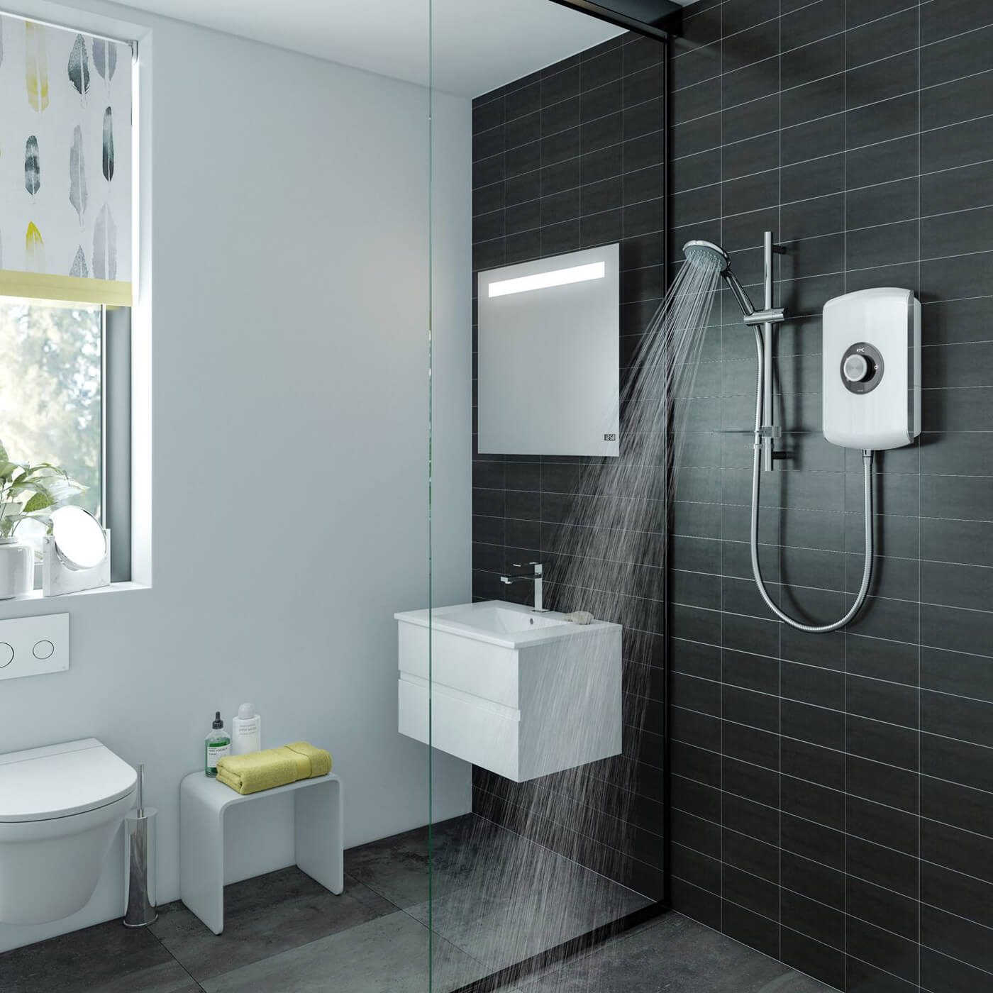 Electric shower on a riser rail in a walk-in shower