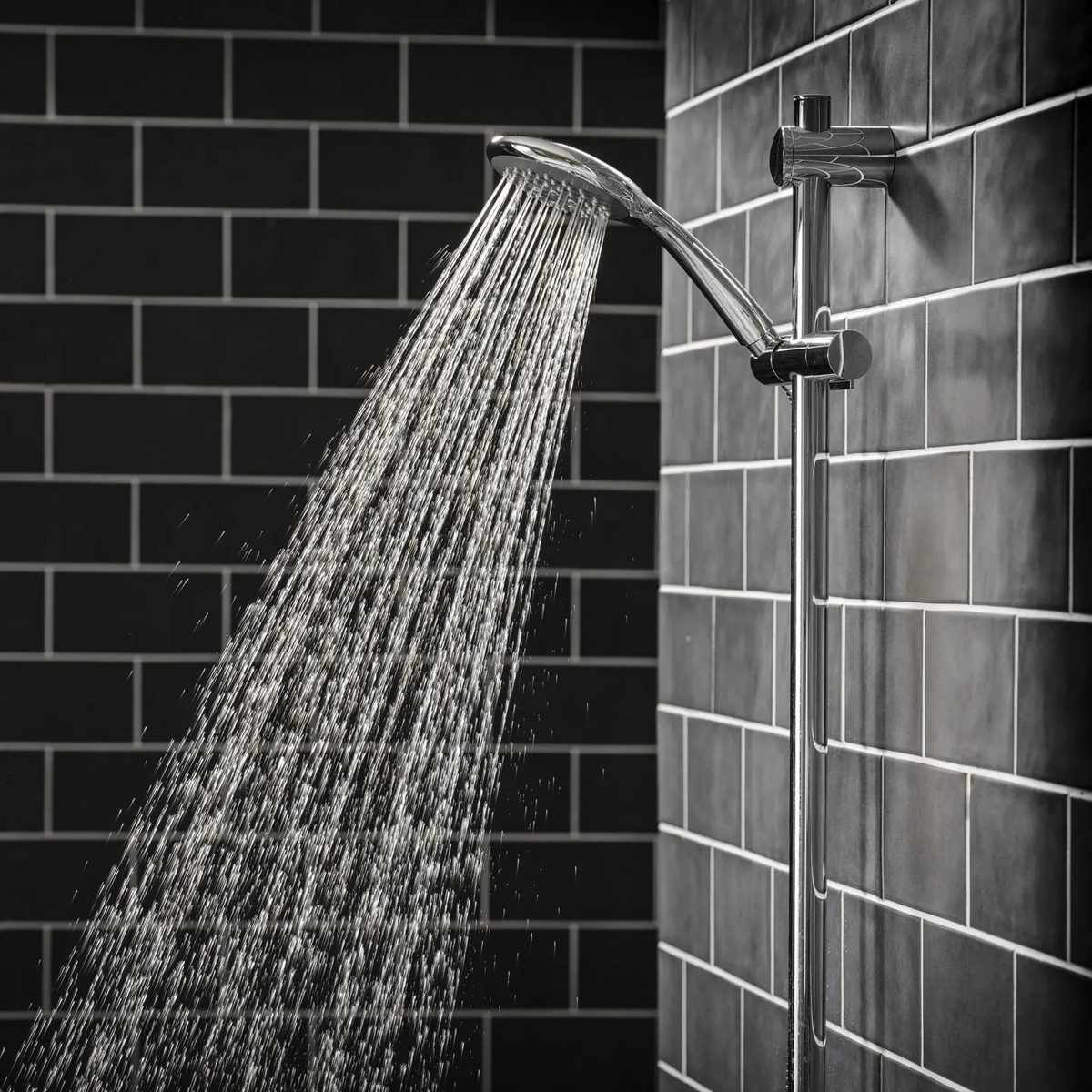 Shower handset on a riser rail running at full flow