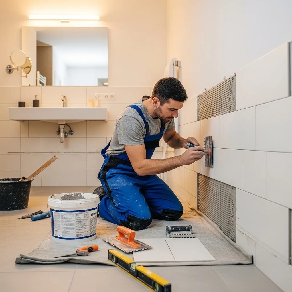 Wall tiles being set on adhesive in a bathroom