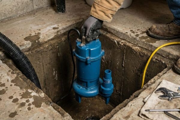 Engineer lifting a blue submersible pump out of a sump pit