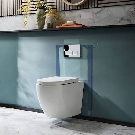 Wall-hung toilet with the concealed cistern frame shown behind the wall