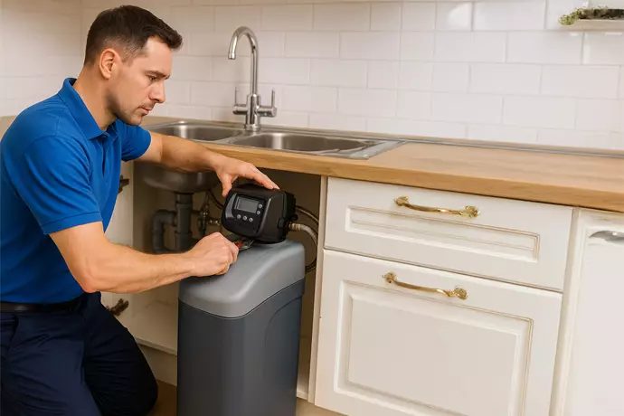 Engineer fitting a water treatment unit in a kitchen cupboard