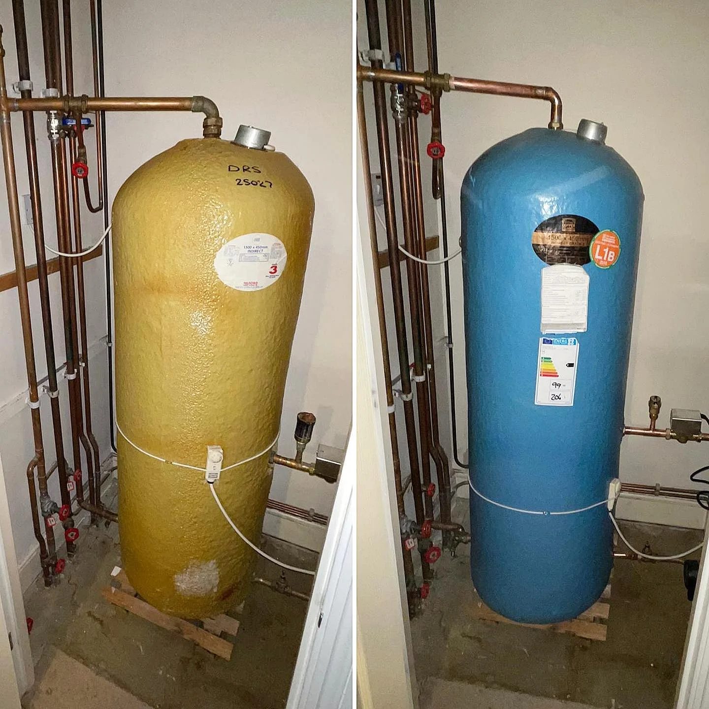 Before and after: an old Telford vented cylinder replaced with a new insulated cylinder